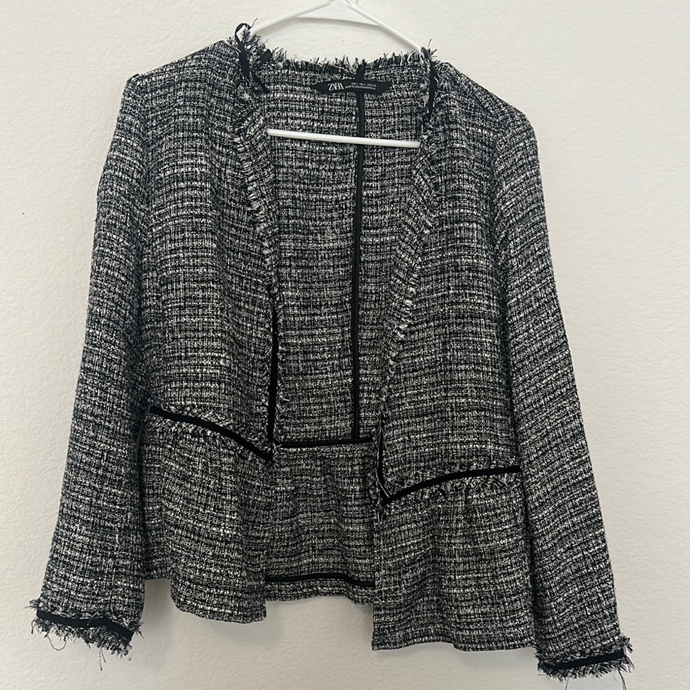 Zara Black and White Bouclé Blazer with Frayed Edges